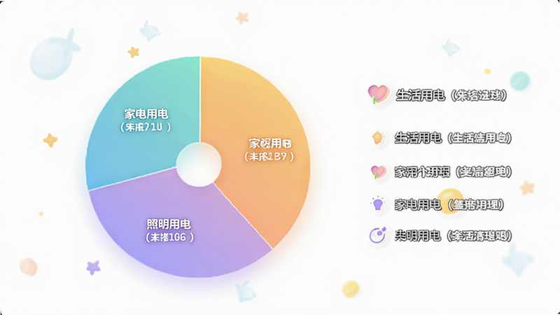 主体为用电分析饼状图,布局分布在屏幕中央,分为生活用电、家电用电、照明用电三个色块,右侧配有简短的文字建议列表,风格为清新插画风,细节包含柔和的渐变色彩,画质细腻,干净,无多余元素