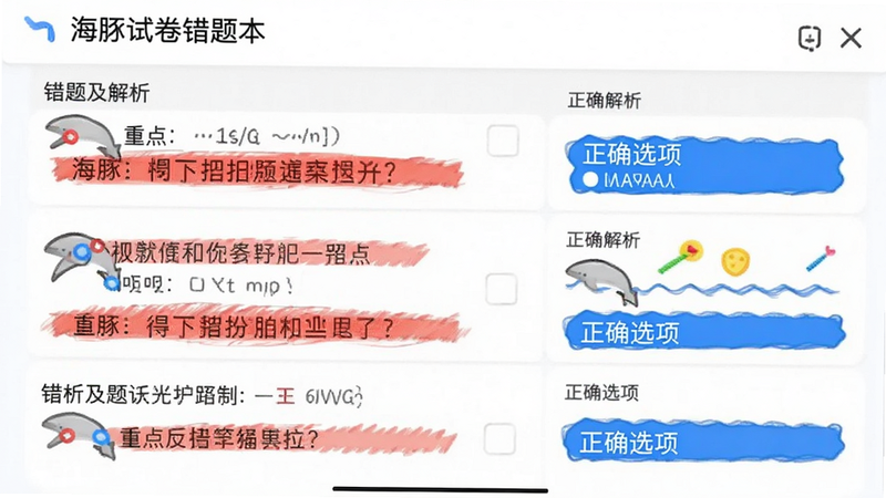 海豚试卷错题本界面,列表式展示错题及解析,红色标记重点,蓝色标记正确选项,排版规整