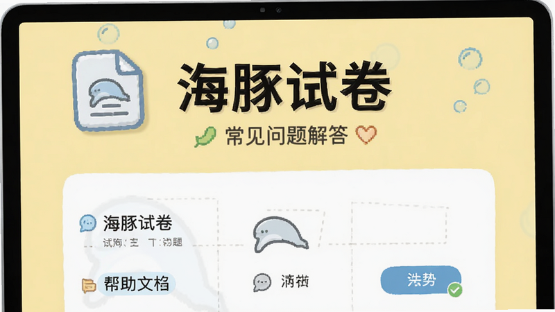 海豚试卷常见问题解答界面,展示帮助文档图标,背景为淡黄色,文字清晰,布局友好