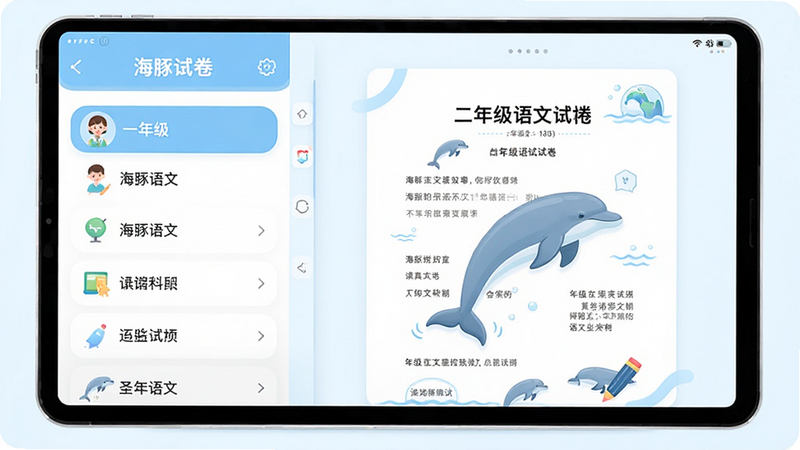 海豚试卷APP界面展示,左侧显示不同年级科目列表,右侧预览二年级语文试卷内容,布局清晰简洁,扁平化设计风格,色彩柔和明亮,细节丰富,画质干净无多余元素