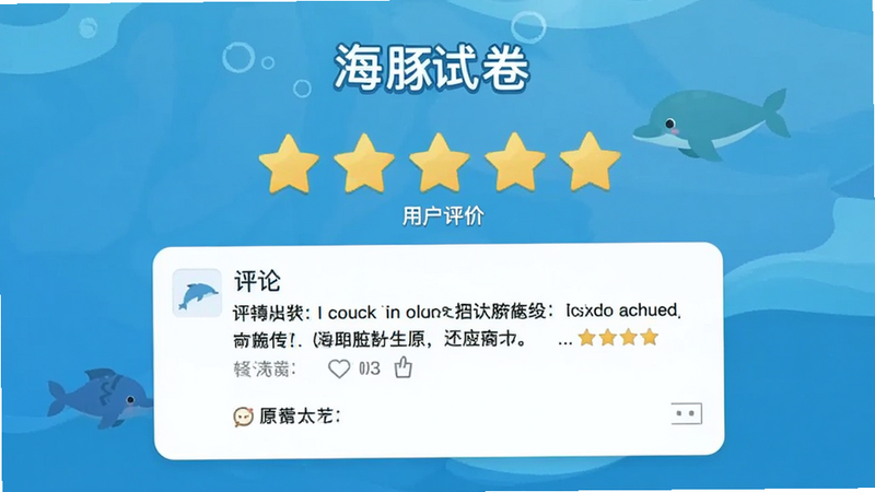 海豚试卷用户评价界面,星星评分显示,文字评论清晰,背景简洁