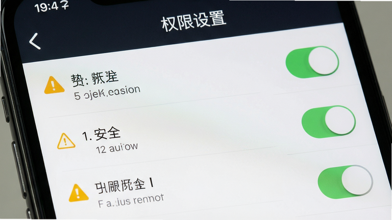 主体为手机权限设置界面,布局为列表式,排版清晰,风格为系统UI,细节包括权限开关与安全警告图标,画质干净,文字