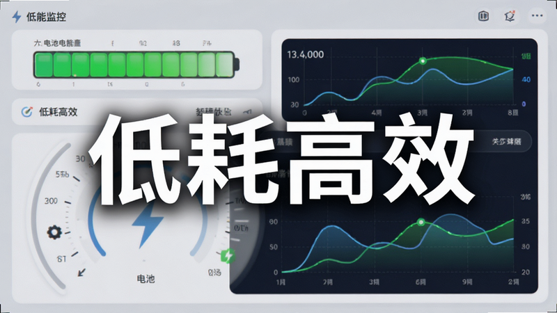 主体为电池与性能监控界面,布局为仪表盘样式,排版紧凑,风格为数据可视化,细节包括绿色电量条与流畅度曲线,画质干净,文字