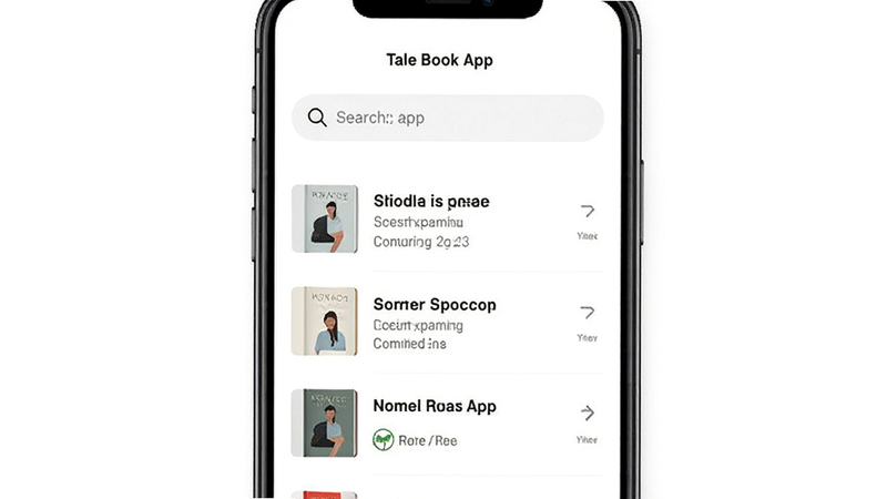 Tale Book app search bar with results list, modern UI, white background, clear text, minimalist design, no extra elements