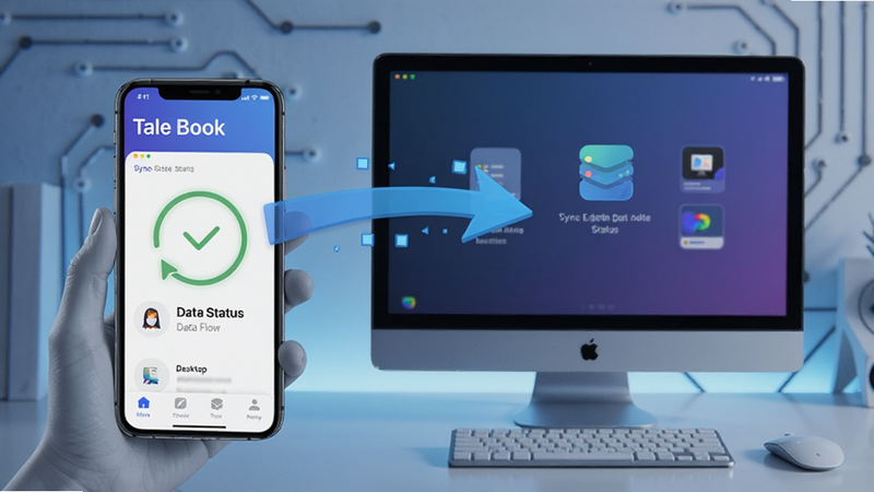 Tale Book app showing sync status between phone and desktop, arrows indicating data flow, modern tech style, clean icons, no text