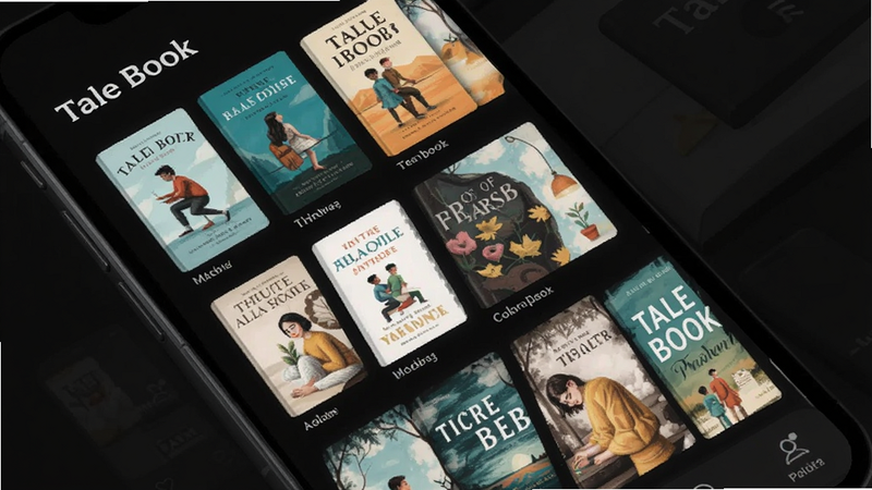 Tale Book app interface showing a grid of book covers, modern minimalist UI, dark mode, clean layout, high quality, no extra elements, text