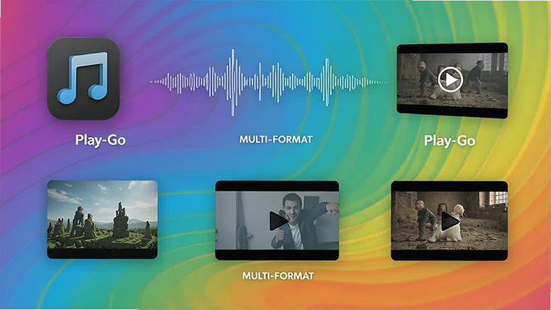 Play-Go media player, multi-format support icons, audio waveforms, video thumbnails, colorful gradient background