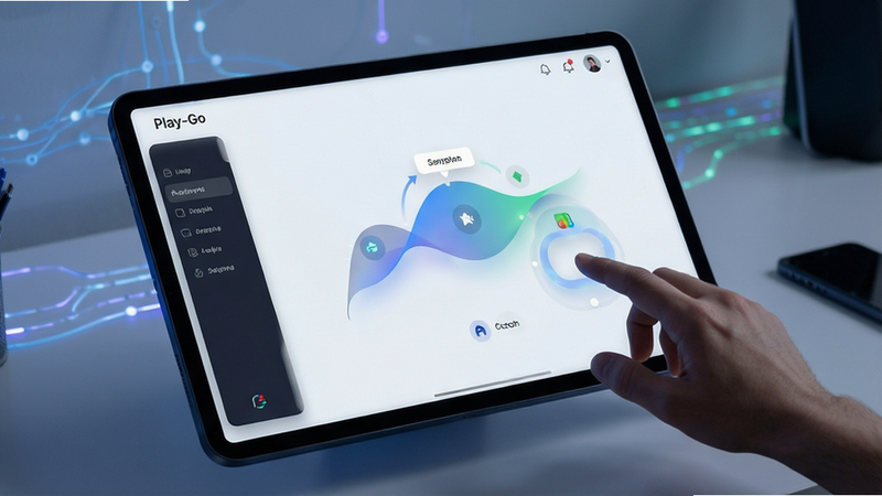 Play-Go interactive UI, dynamic response visualization, smooth animation curves, tech aesthetic, minimalist style