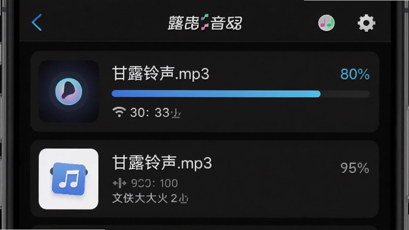展示“甘露音乐”下载管理界面的手机屏幕。主体是一个正在下载的文件列表,进度条显示80%,文件名清晰可见,如“甘露铃声.mp3”。布局紧凑,状态图标醒目,风格科技感强,细节包含网速显示和文件大小,画质清晰,无模糊,背景为深色模式,突出下载速度的流畅感。