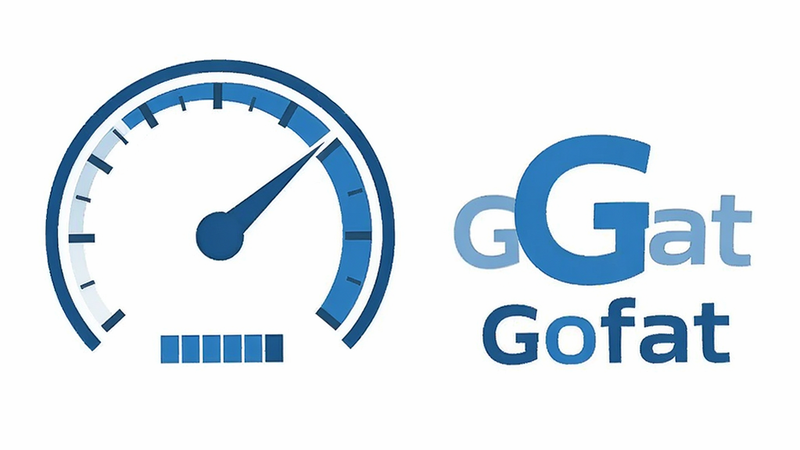Gofat performance optimization visual, speedometer graphic next to Gofat icon, clean white background, blue and white color scheme, vector illustration style