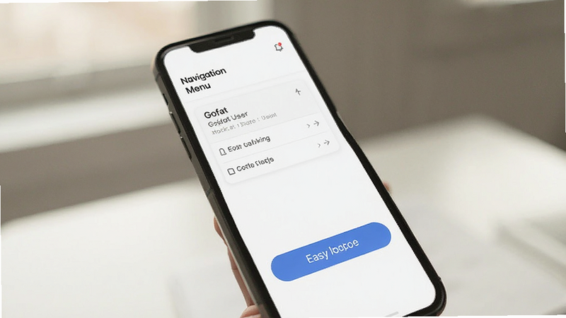 Gofat user interface mockup, showing simple navigation menu, easy-to-read buttons, smartphone screen, minimalistic UI, soft lighting
