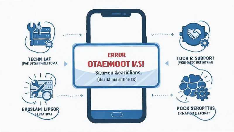 Gofat troubleshooting guide illustration, smartphone with error message popup, tech support icon, clean vector style, blue and white palette