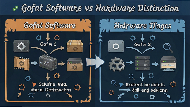 Gofat software vs hardware distinction diagram, clear labels, educational infographic style