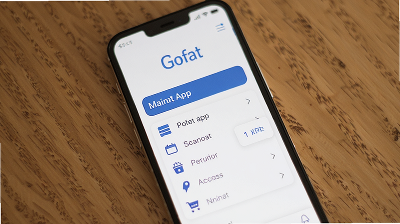 Gofat app interface screenshot, minimalist design, white background with blue accents, clean UI layout, modern smartphone display showing Gofat logo and main menu, high resolution, 4k, flat design style