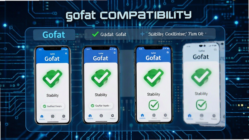 Gofat compatibility chart, multiple smartphone models running Gofat app, checkmark icons indicating stability, tech-themed background