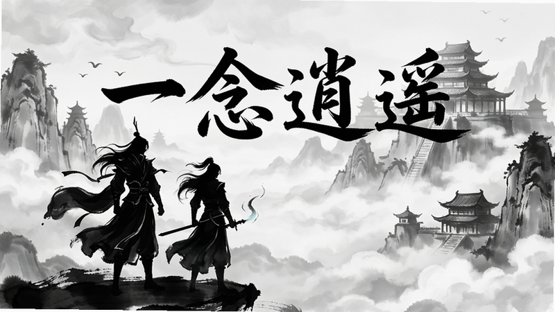 一念逍遥手游宣传海报,水墨风格,仙侠角色剪影,背景为云海与仙宫,文字