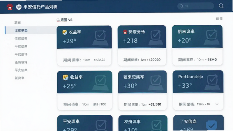 平安信托产品列表界面,展示不同类别的信托产品卡片,包含收益率和期限信息,简洁排版