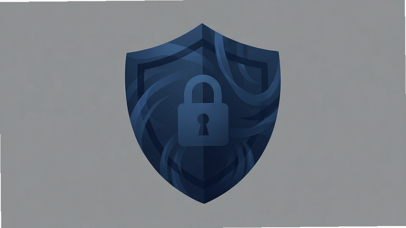 Boogu-Image style: abstract shield icon, subtle lock symbol, dark blue theme, representing security and privacy, minimalist design, clean background, no extra clutter