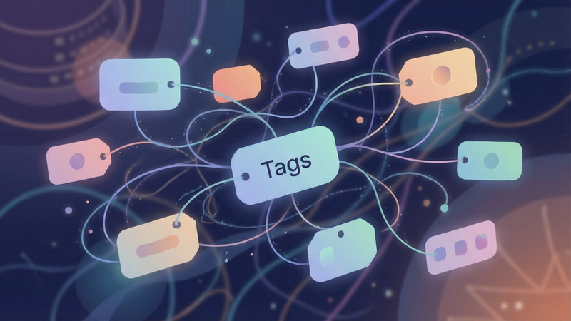 Boogu-Image style: conceptual illustration, floating tags connected by thin lines, soft gradients, organized chaos, representing data structure, clean vector art style, text 