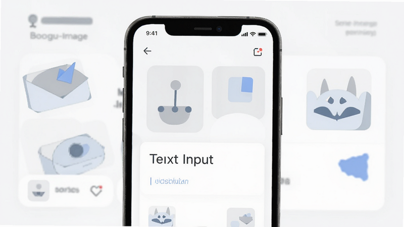 Boogu-Image style: flat design, minimalist UI, white space dominant, simple geometric shapes, soft gray and blue accents, app screen showing a clean text input area, high resolution, clean layout