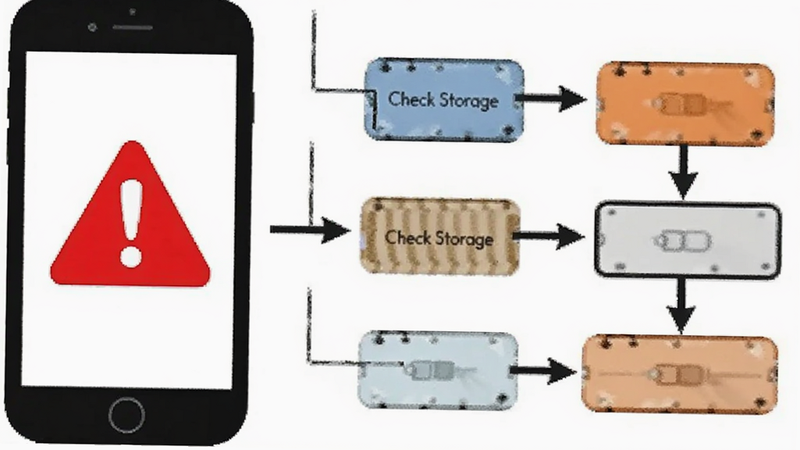 Boogu-Image style: troubleshooting guide visual, smartphone with warning icon, simple flowchart arrows, clean white background, text 