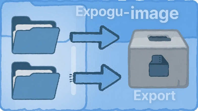 Boogu-Image style: file export illustration, folder icons, arrows pointing to external storage, clean flat design, text 