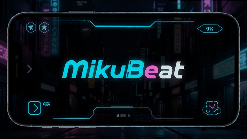Minimalist mobile game interface, cyberpunk neon style, MikuBeat logo in center, clean UI, high contrast, dark background, 4k quality