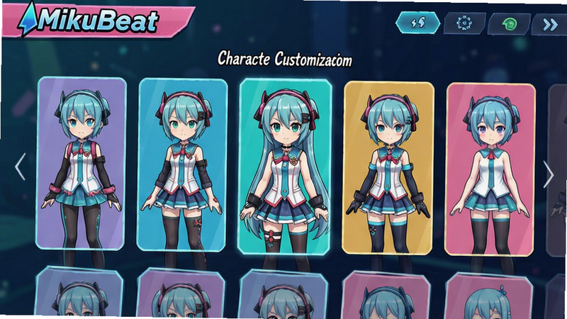 Anime style character customization screen, multiple skins displayed, MikuBeat game UI, vibrant colors, detailed character models, clean layout