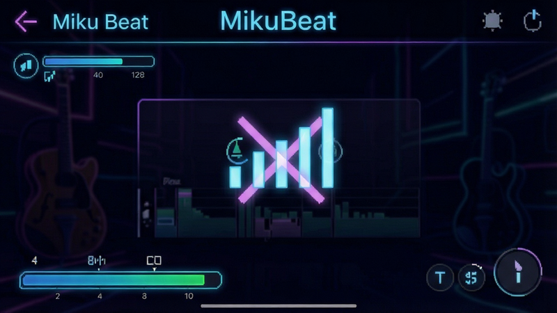 Offline mode indicator in MikuBeat app, signal icon crossed out, smooth gameplay screenshot, dark theme, neon accents, clear text
