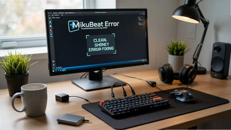 Mobile phone troubleshooting guide, MikuBeat error fixing, clean desk setup, tech support aesthetic, high detail