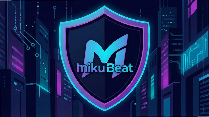 Secure download icon, shield with MikuBeat logo, cyberpunk style, clean vector art, high resolution