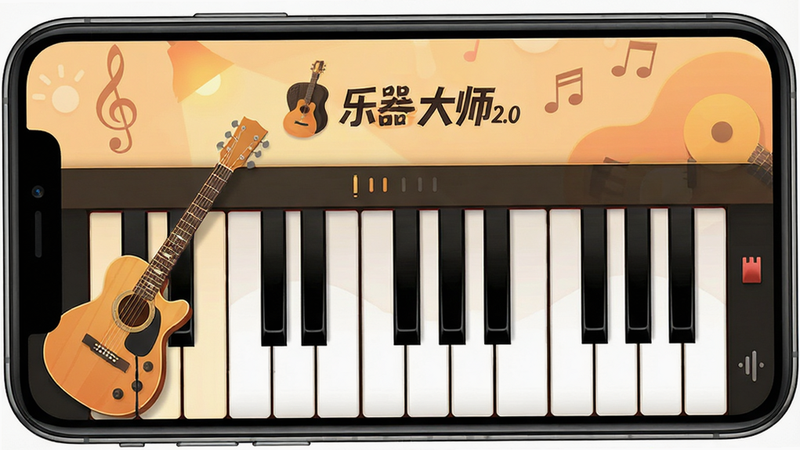 乐器大师2.0 应用界面预览图,展示手机屏幕上的吉他与钢琴虚拟键盘,背景为柔和的暖色调,界面清晰,带有“乐器大师”Logo,扁平化设计风格,高清晰度,无多余元素