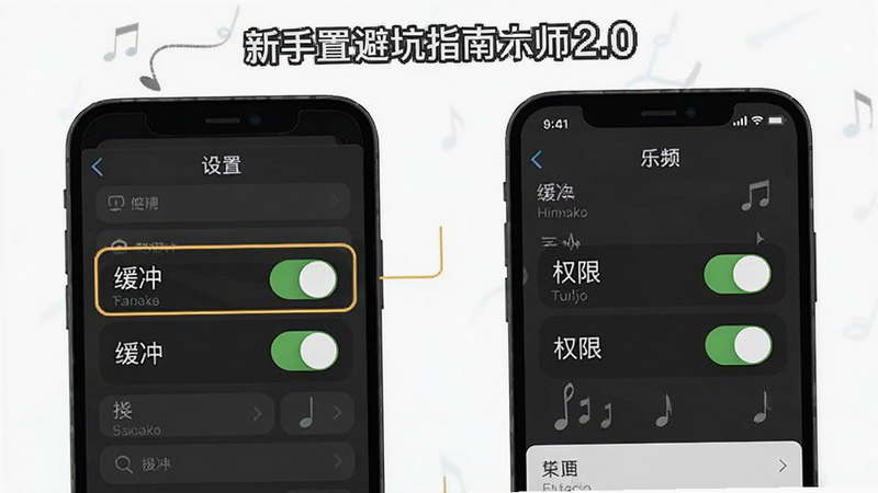 乐器大师2.0 新手避坑指南示意图,展示手机设置界面中的音频选项,突出“缓冲”与“权限”开关,简洁明了,无文字干扰,高清晰度