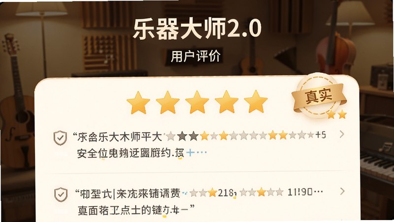 乐器大师2.0 用户评价截图,展示五星好评与正面反馈,界面温馨,突出“安全”与“真实”标签,无多余元素,高画质