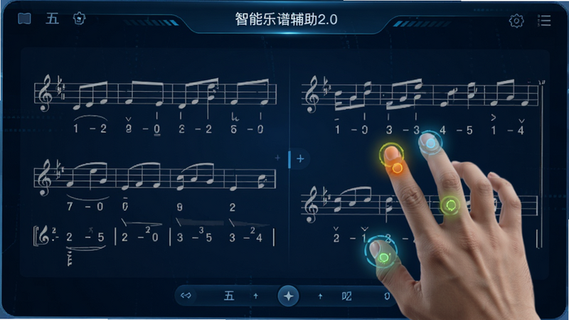 乐器大师2.0 智能乐谱辅助界面,屏幕显示五线谱与简谱切换,手指位置高亮,背景为深蓝色,科技感强,细节清晰,无多余装饰