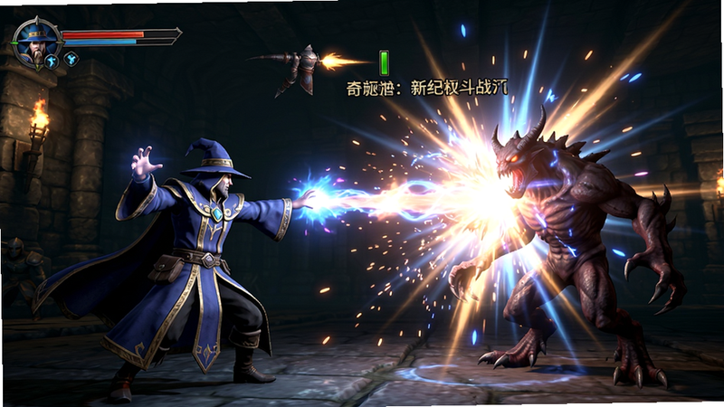 奇迹:新纪元战斗场景预览, 主体为法师释放魔法攻击怪物, 特效光芒四射, 背景为昏暗地下城, 布局动态动感, 排版突出特效中心, 风格为动作游戏截图, 细节包括粒子效果和技能文字, 画质高清干净无多余元素