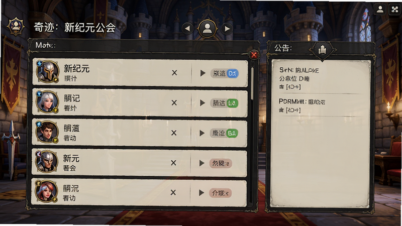奇迹:新纪元公会大厅界面, 主体为公会成员列表和公告栏, 背景为城堡内部装饰, 布局表格化清晰, 排版对齐整齐, 风格为社交UI设计, 细节包括头像框和权限标签, 画质高清干净无多余元素