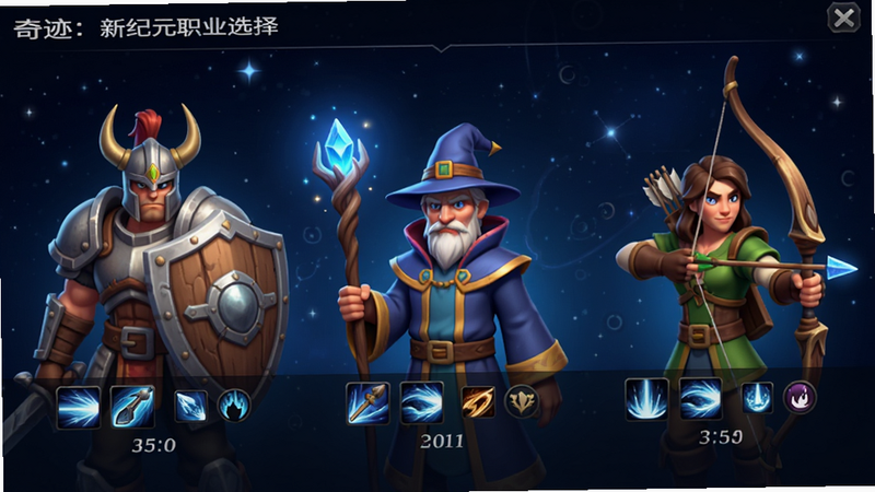 奇迹:新纪元职业选择界面截图, 主体为三个角色头像排列, 左侧战士持盾, 中间法师持法杖, 右侧弓箭手持弓, 背景为深蓝色星空, 布局横向排列, 排版简洁, 风格为游戏UI设计, 细节包括技能图标和等级标签, 画质高清干净无多余元素