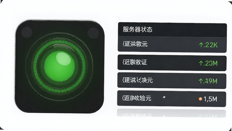 奇迹:新纪元 服务器状态图标, 主体为绿色在线指示灯和服务器列表, 背景为简洁界面, 布局紧凑, 排版专业, 风格为网络监控UI, 细节包括延迟数值, 画质高清干净无多余元素