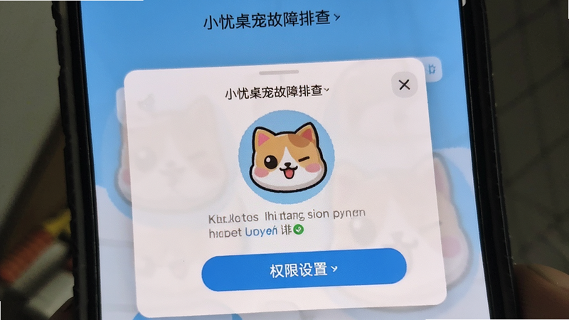 小忧桌宠故障排查界面,手机屏幕显示权限设置窗口,卡通宠物图标清晰可见,UI元素突出,简洁现代风格