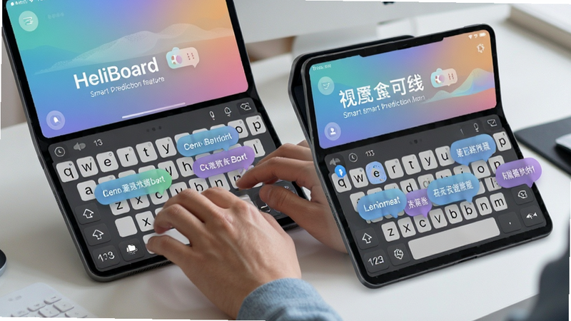 HeliBoard smart prediction feature, a user typing in English and Chinese simultaneously, floating suggestion bubbles above the keyboard, modern UI design, soft gradients, high detail
