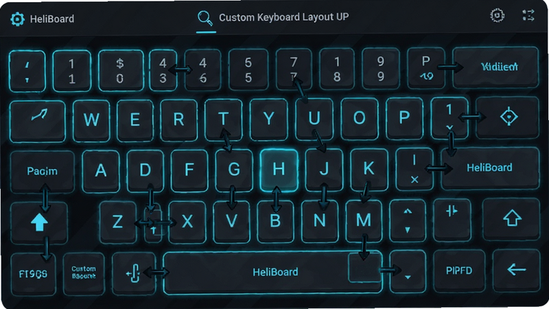 HeliBoard custom keyboard layout editor UI, showing a grid of keys being rearranged, dark background with neon blue highlights, detailed vector graphics style, clean interface, no clutter