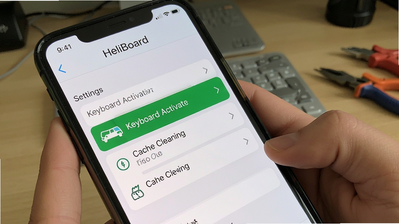 HeliBoard troubleshooting tips on smartphone, showing settings menu with highlighted options for keyboard activation and cache cleaning, clean UI style