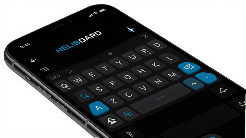 HeliBoard keyboard app interface on a smartphone screen, showing a modern minimalist layout with dark mode theme, clean typography, vibrant accent colors for keys, realistic phone bezel, high resolution, 4k, sharp focus, no text
