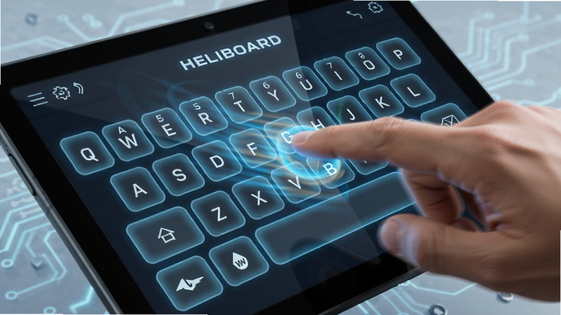 HeliBoard gesture typing illustration, a finger sliding across keyboard keys on a touchscreen, dynamic motion blur effect, tech-focused aesthetic, clear key labels