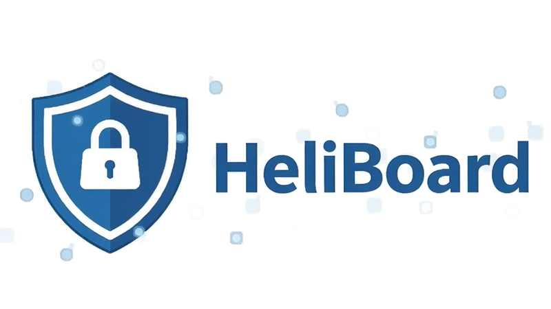 Secure privacy shield icon next to HeliBoard logo, digital illustration style, trustworthy blue and white colors