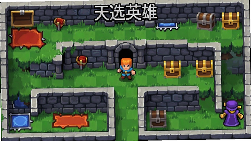 天选英雄迷宫地图场景,俯视角像素风或卡通渲染风格,包含陷阱与宝箱元素