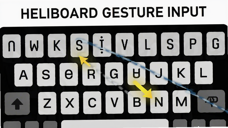HeliBoard gesture input illustration, swipe left to delete character, arrow pointing to keyboard keys, instructional diagram