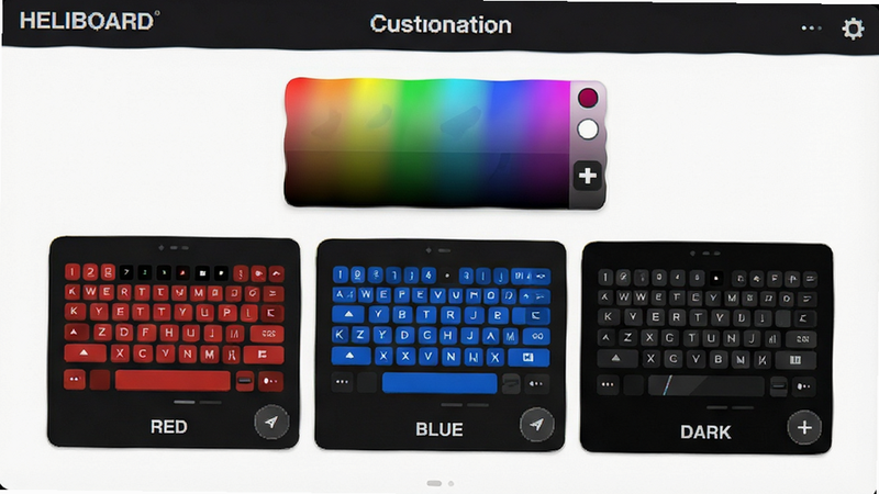 HeliBoard theme customization screen, color picker interface, multiple keyboard skin previews in red, blue and dark mode, clean UI