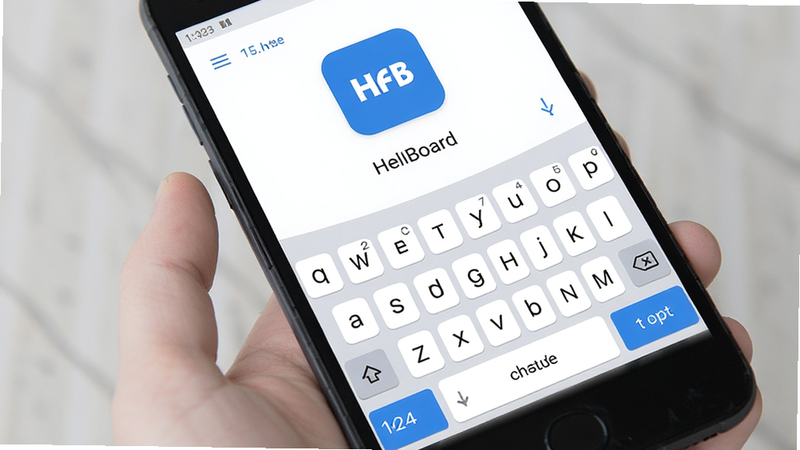 HeliBoard app interface on Android phone, minimalist keyboard layout, clean white background with blue accent buttons, modern UI design, high resolution, flat style, no clutter